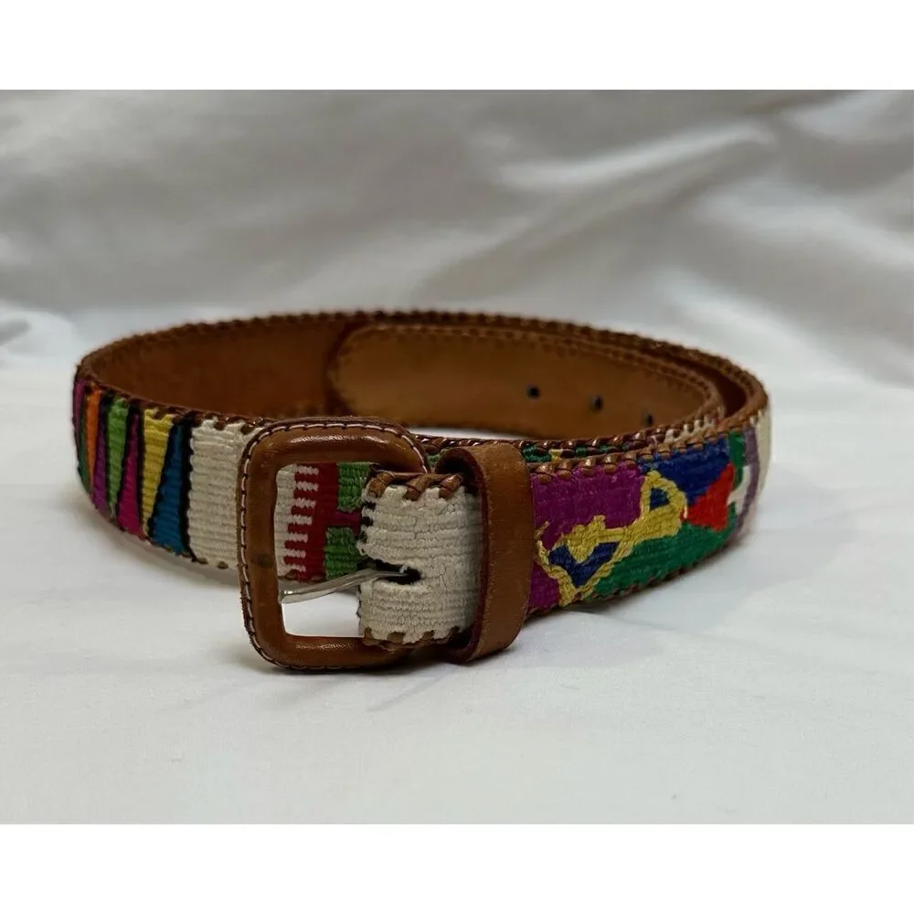 Mayan design inspired leather belt made in Guatemala size Small. #M-1289